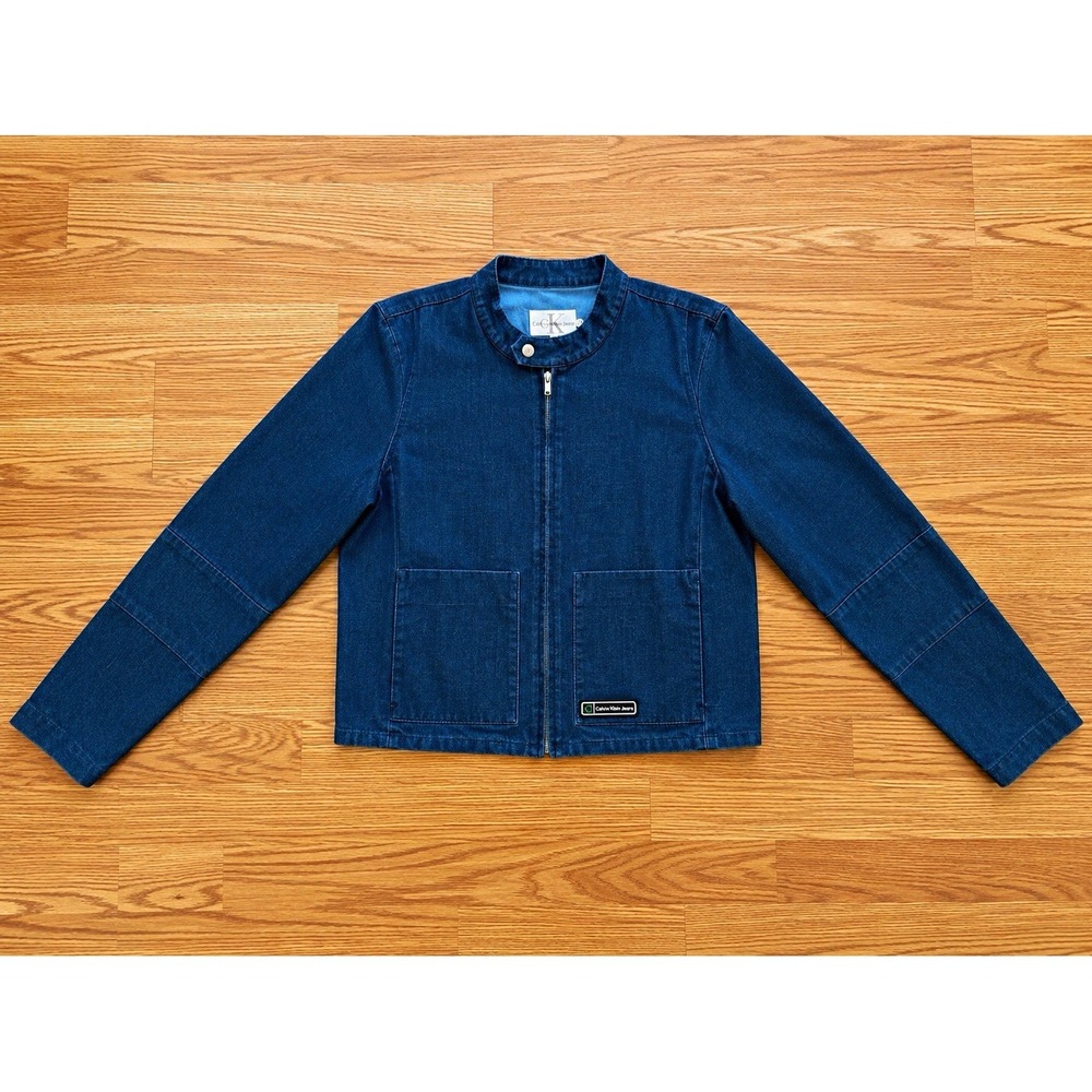 Vintage 90s Calvin Klein Jeans Jacket Mens M Blue Band Collar Full Zip Moto CK